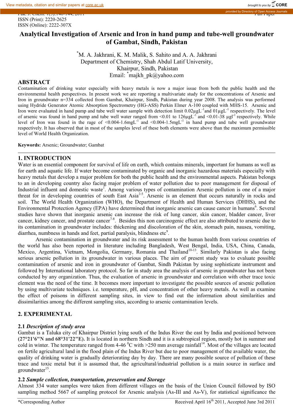 Analytical Investigation of Arsenic and Iron in Hand Pump and Tube-Well Groundwater of Gambat, Sindh, Pakistan