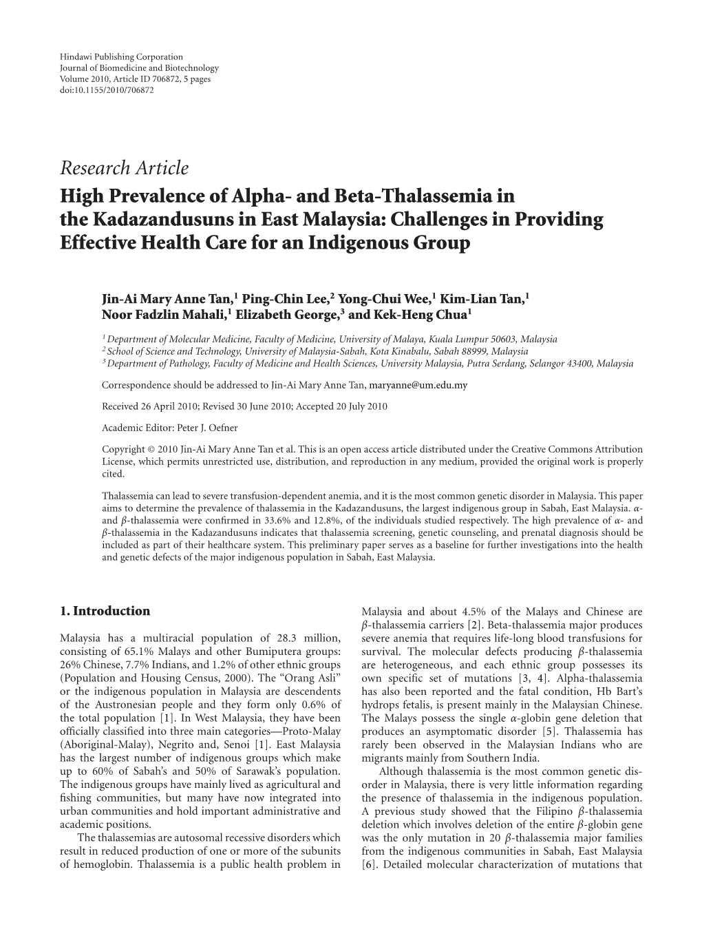 Research Article High Prevalence of Alpha- and Beta-Thalassemia in the Kadazandusuns in East Malaysia