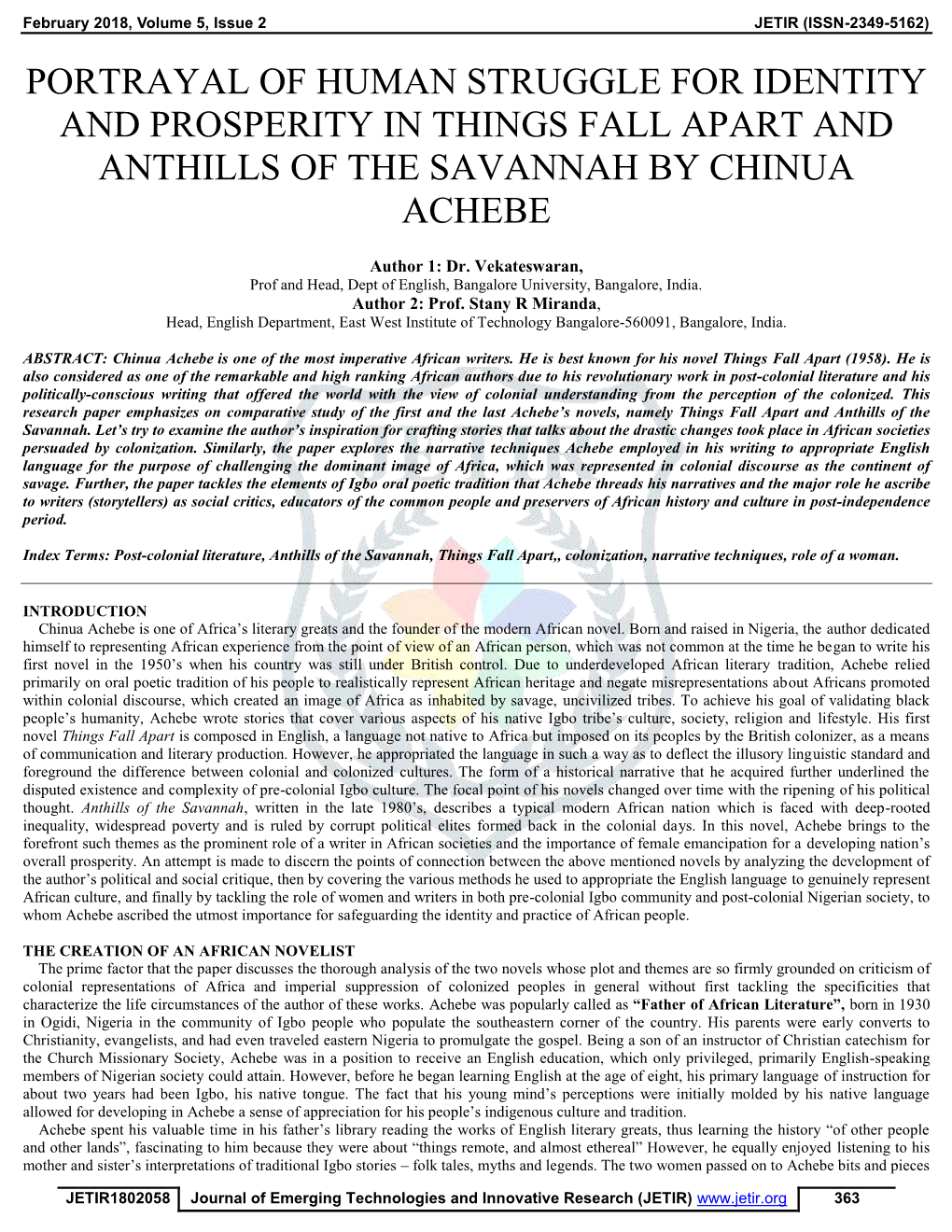 Portrayal of Human Struggle for Identity and Prosperity in Things Fall Apart and Anthills of the Savannah by Chinua Achebe