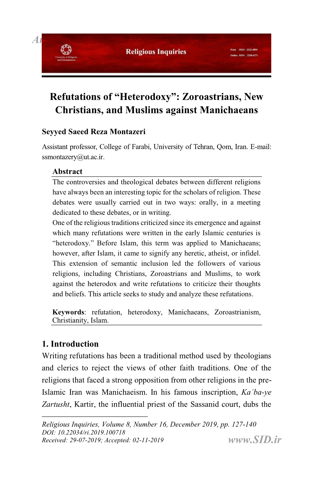Refutations of “Heterodoxy”: Zoroastrians, New Christians, and Muslims Against Manichaeans