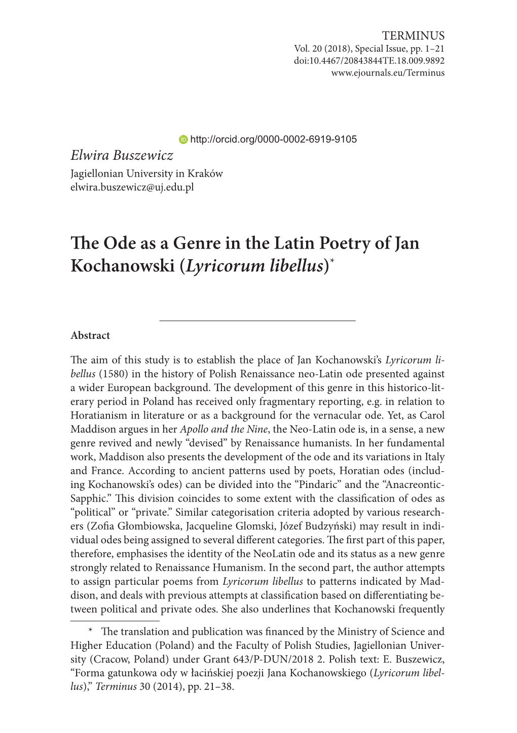 The Ode As a Genre in the Latin Poetry of Jan Kochanowski (Lyricorum Libellus)*