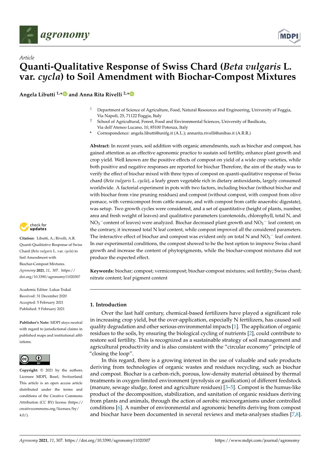 Quanti-Qualitative Response of Swiss Chard (Beta Vulgaris L. Var. Cycla) to Soil Amendment with Biochar-Compost Mixtures