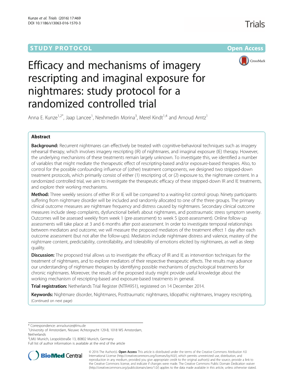 Efficacy and Mechanisms of Imagery Rescripting and Imaginal Exposure for Nightmares: Study Protocol for a Randomized Controlled Trial Anna E