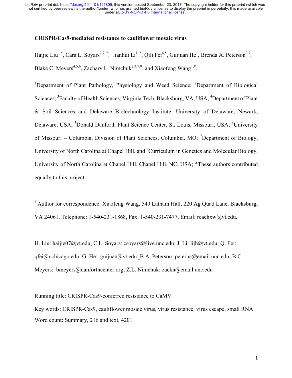 CRISPR/Cas9-Mediated Resistance to Cauliflower Mosaic Virus Haijie Liu1