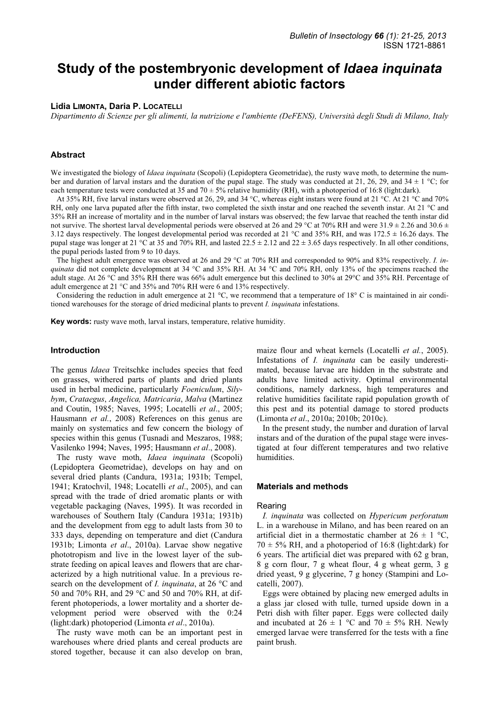 Study of the Postembryonic Development of Idaea Inquinata Under Different Abiotic Factors