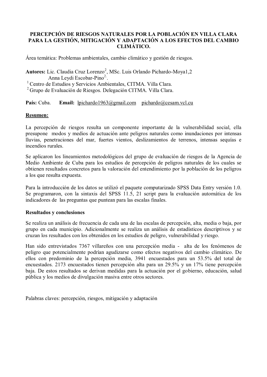 Percepción De Riesgos Naturales Por La Población En Villa Clara Para La Gestión, Mitigación Y Adaptación a Los Efectos Del Cambio Climático