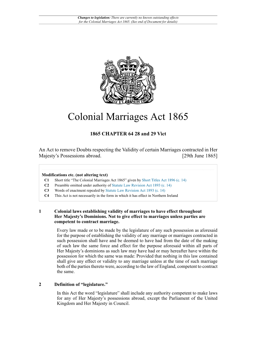 Colonial Marriages Act 1865