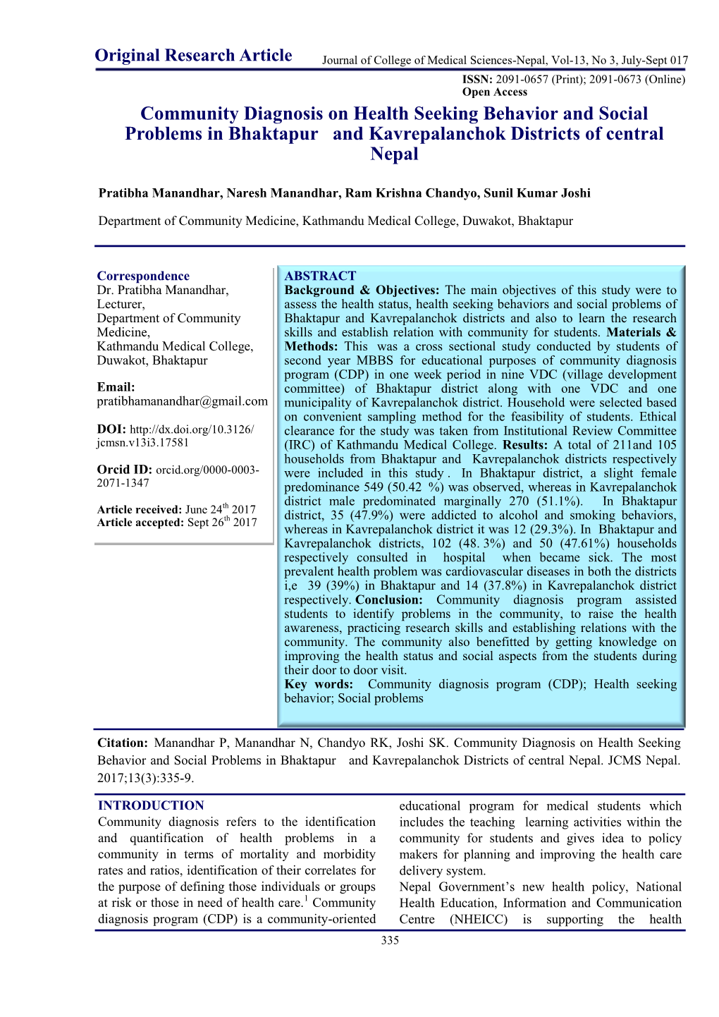 Community Diagnosis on Health Seeking Behavior and Social Problems in Bhaktapur and Kavrepalanchok Districts of Central Nepal