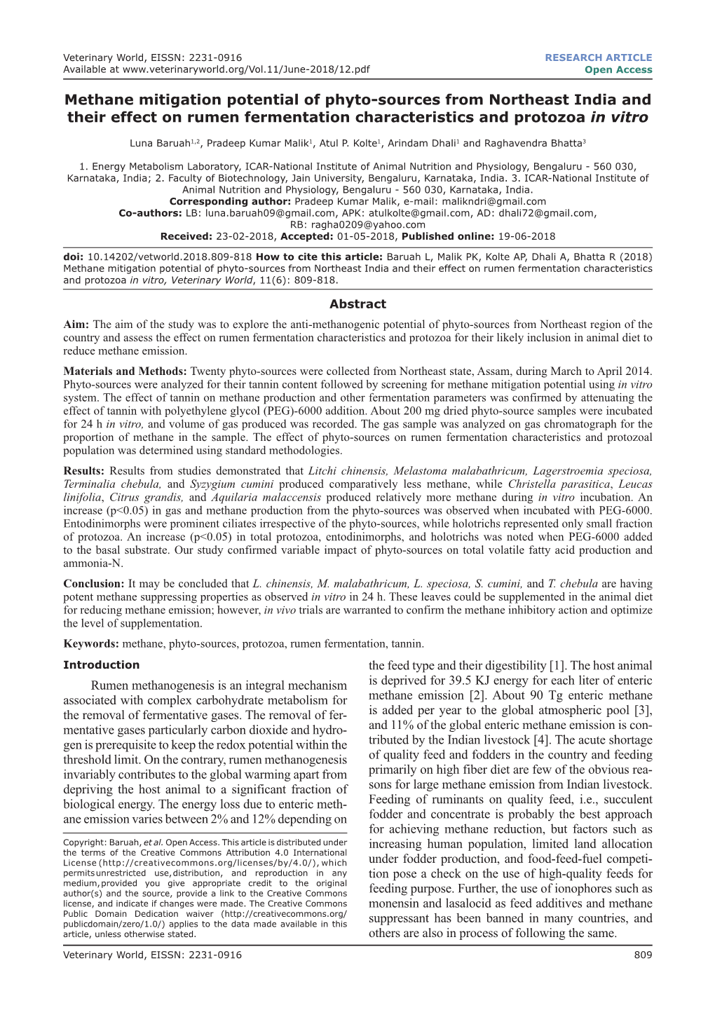 Methane Mitigation Potential of Phyto-Sources from Northeast India and Their Effect on Rumen Fermentation Characteristics and Protozoa in Vitro