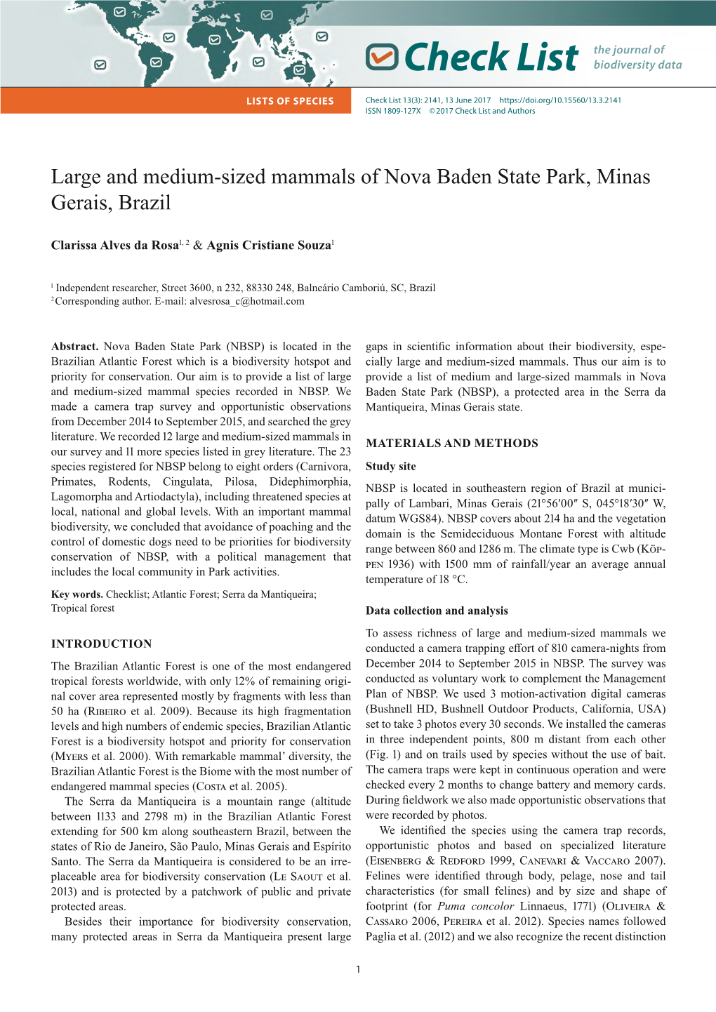 Large and Medium-Sized Mammals of Nova Baden State Park, Minas Gerais, Brazil