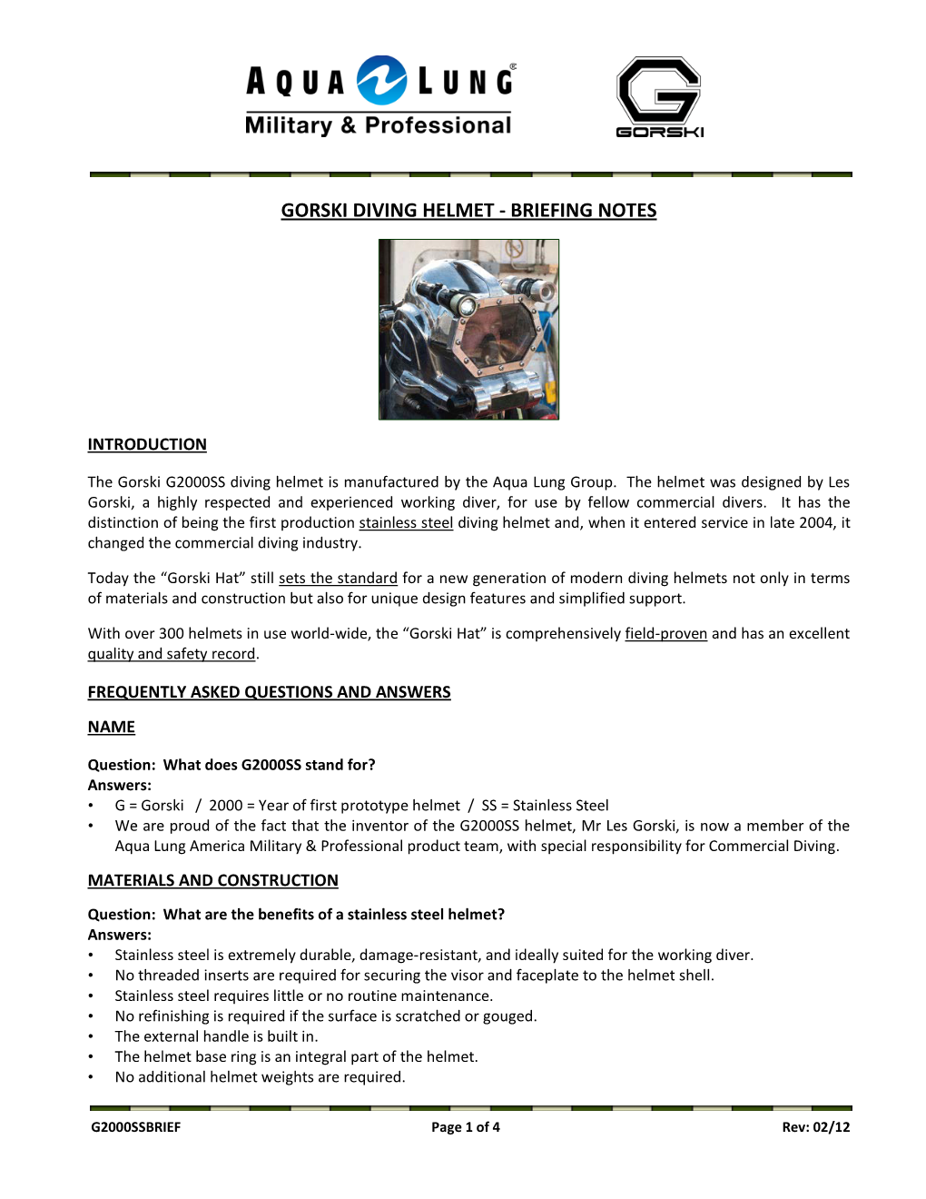 Gorski Diving Helmet - Briefing Notes