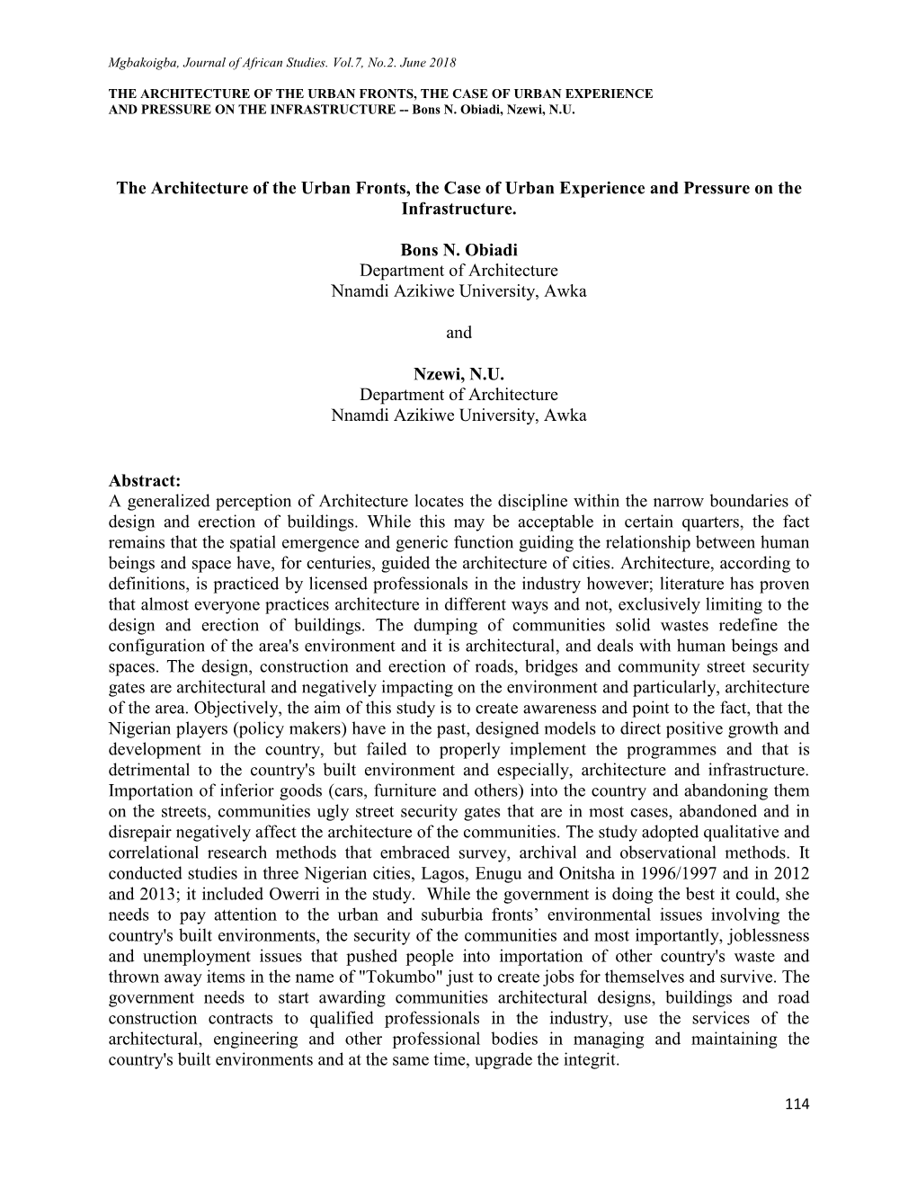 THE ARCHITECTURE of the URBAN FRONTS, the CASE of URBAN EXPERIENCE and PRESSURE on the INFRASTRUCTURE -- Bons N