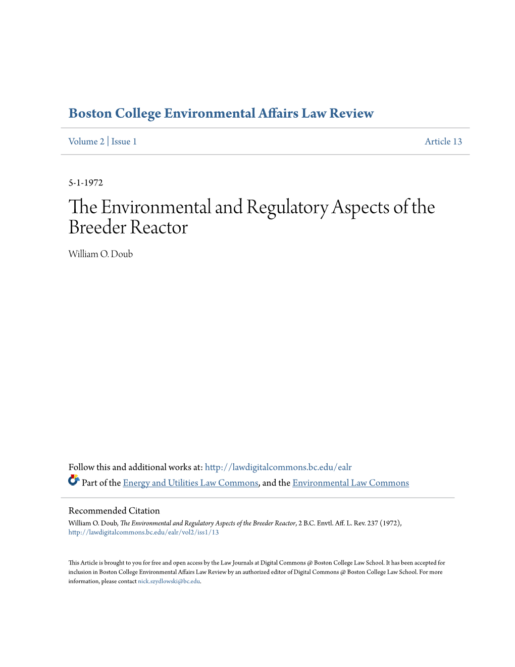 The Environmental and Regulatory Aspects of the Breeder Reactor, 2 B.C