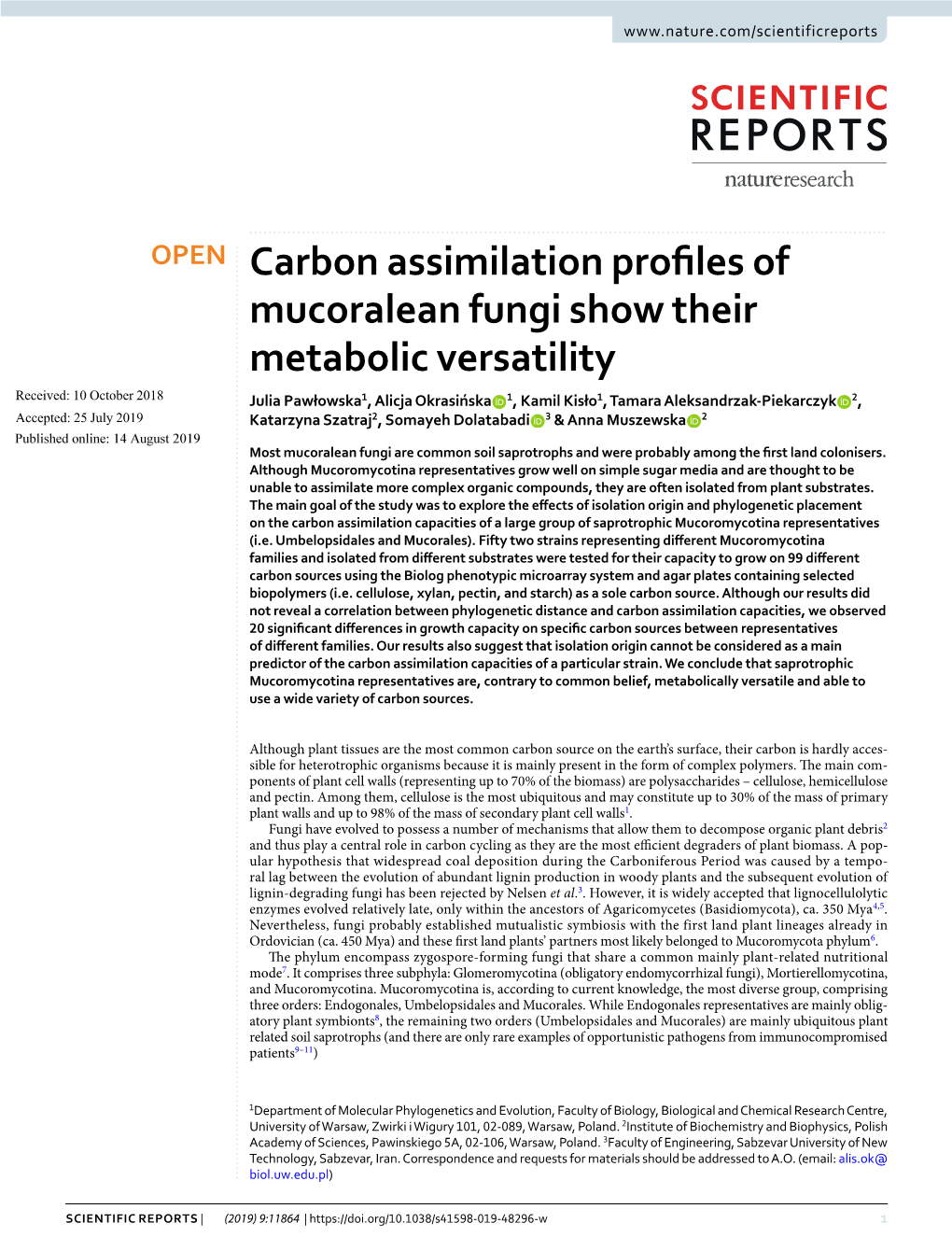 Carbon Assimilation Profiles of Mucoralean Fungi Show