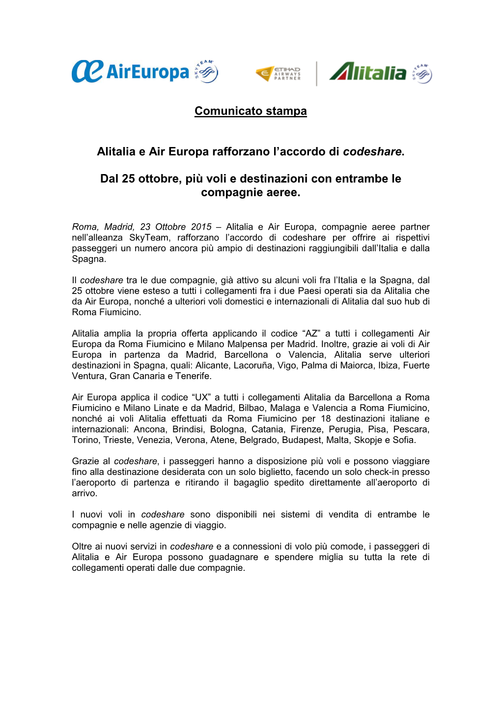 Comunicato Stampa Alitalia E Air Europa Rafforzano L'accordo Di
