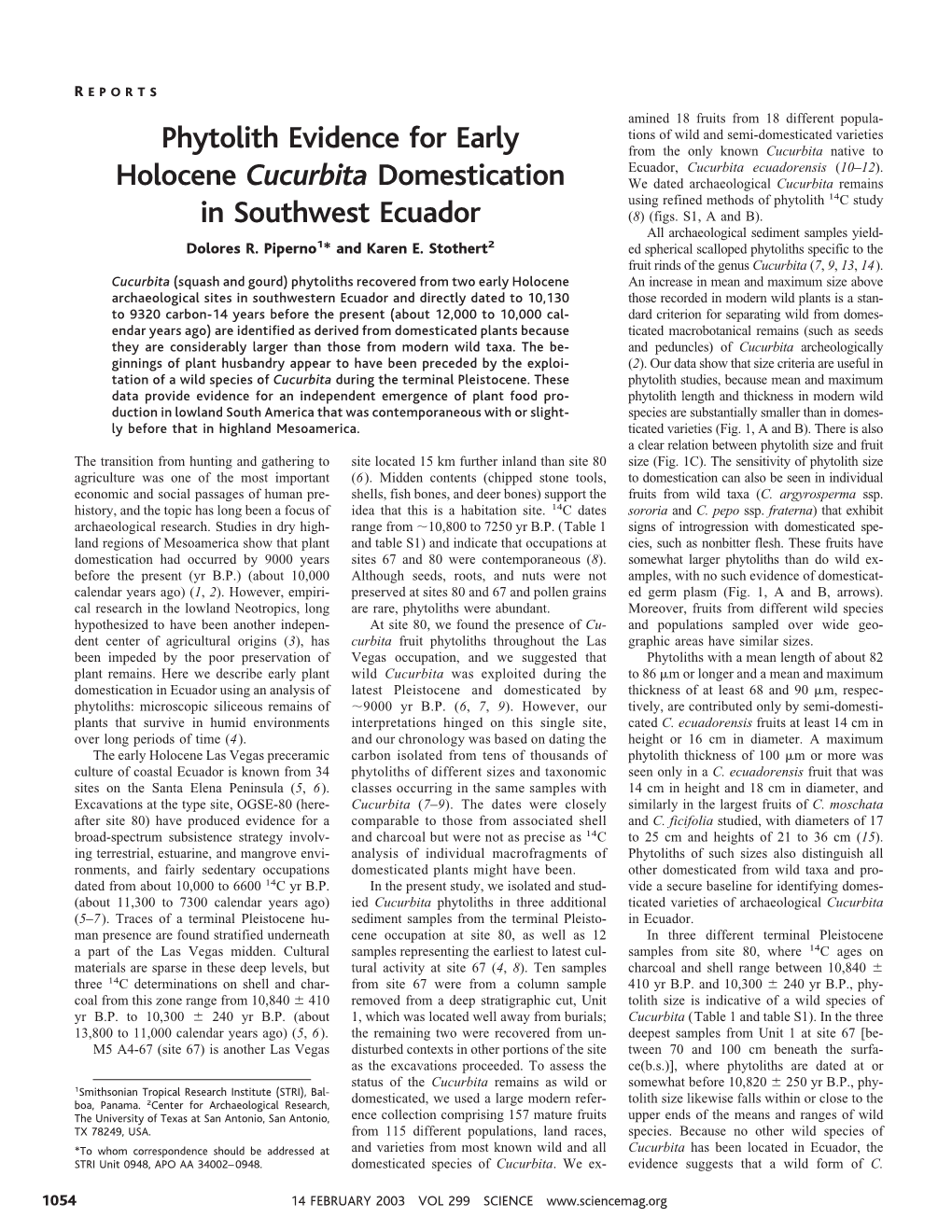 Phytolith Evidence for Early Holocene Cucurbita Domestication In