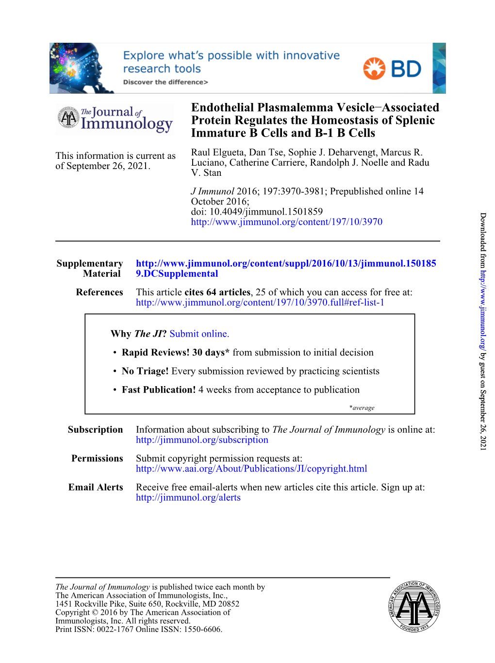 Endothelial Plasmalemma Vesicle–Associated Protein Regulates the Homeostasis of Splenic Immature B Cells and B-1 B Cells