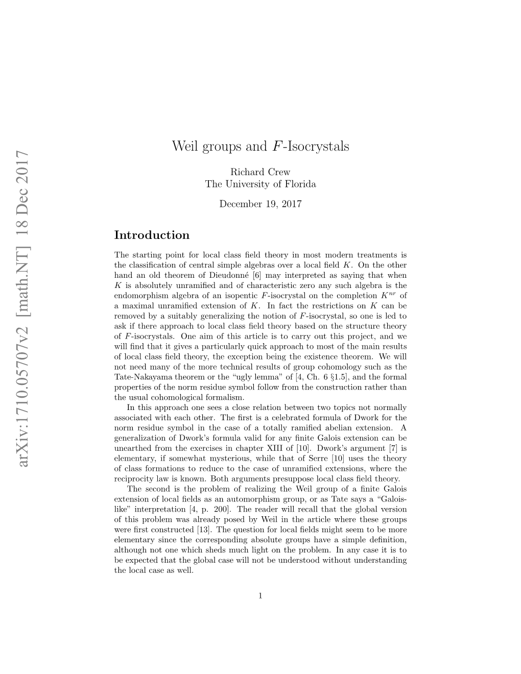 Weil Groups and $ F $-Isocrystals