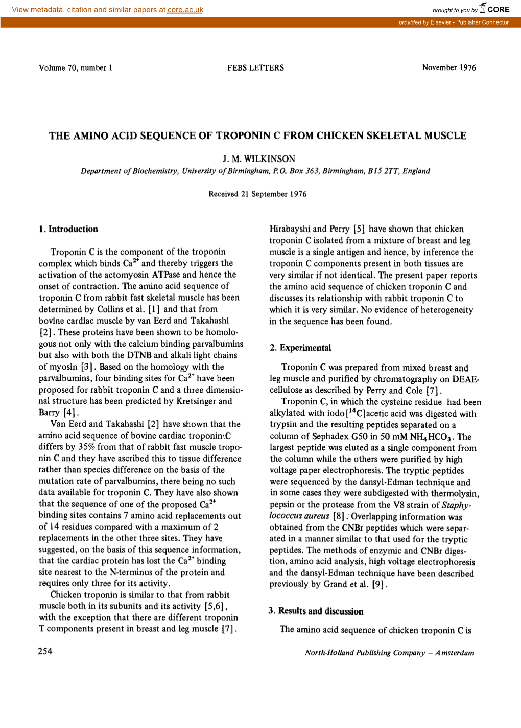 The Amino Acid Sequence of Troponin C from Chicken Skeletal Muscle