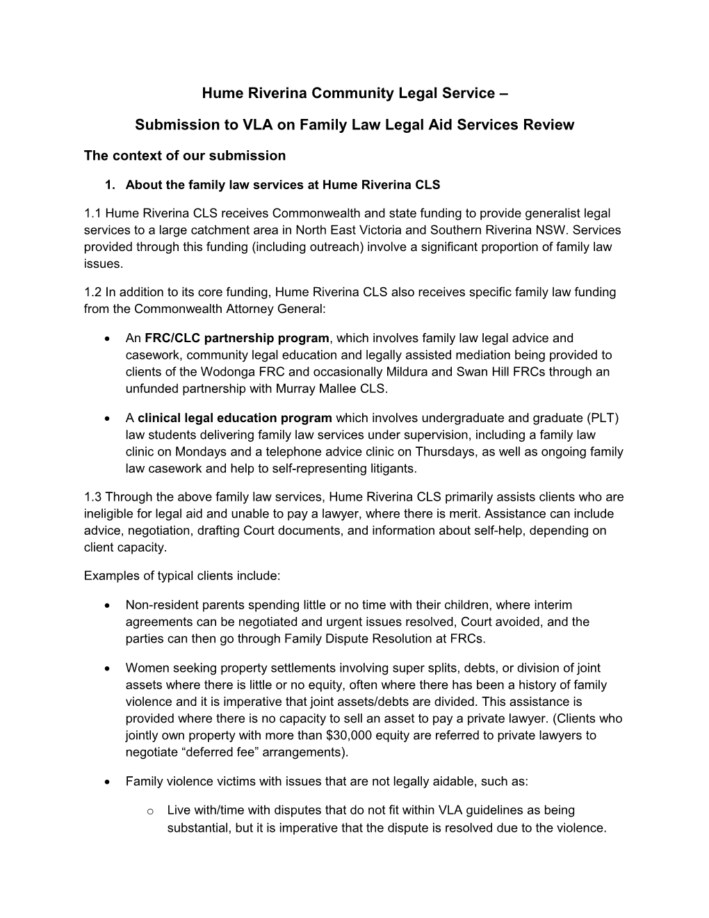 Hume Riverina Community Legal Service – Submission To VLA On Family Law Legal Aid Services Review