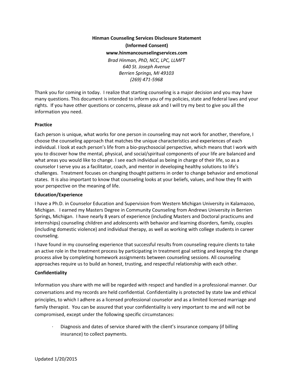 Hinman Counseling Services Disclosure Statement