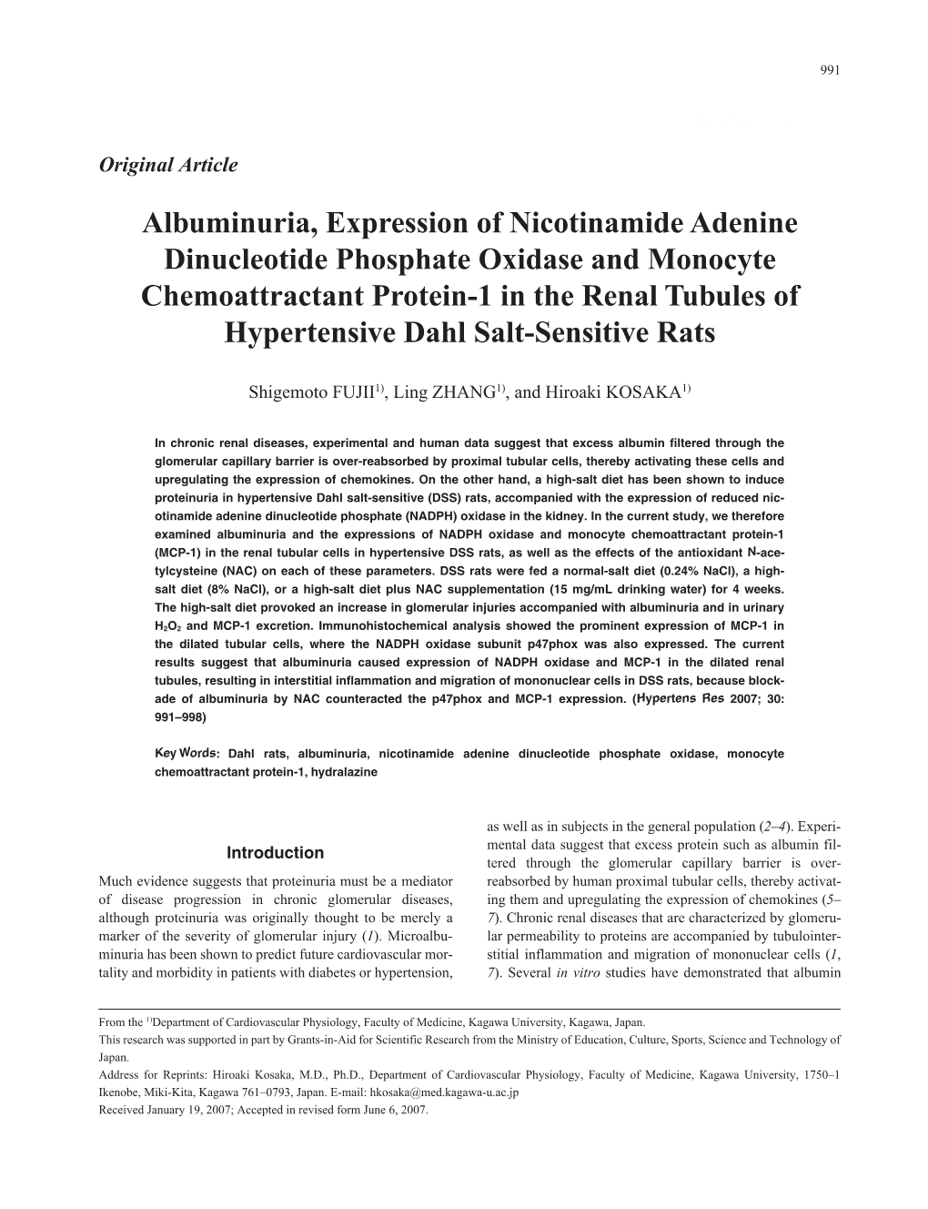 Albuminuria, Expression of Nicotinamide Adenine Dinucleotide