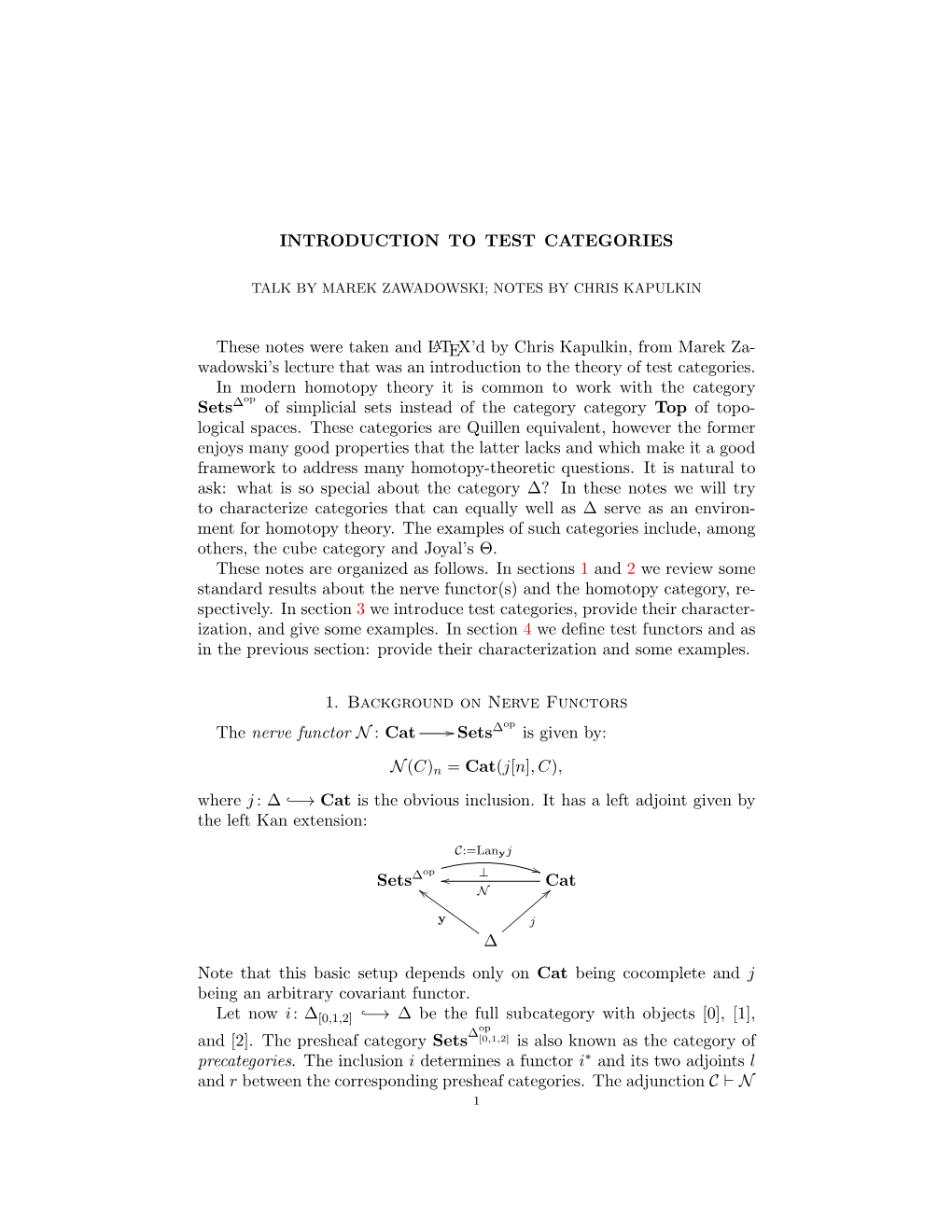 INTRODUCTION to TEST CATEGORIES These Notes Were