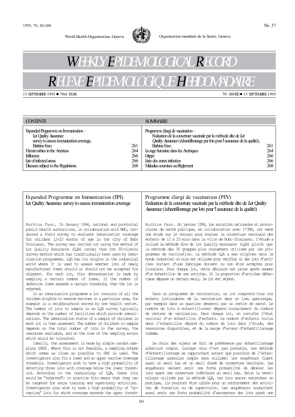 WEEKLY EPIDEMIOLOGICAL RECORD RELEVE EPIDEMIOLOGIQUE HEBDOMADAIRE 15 SEPTEMBER 1995 ● 70Th YEAR 70E ANNÉE ● 15 SEPTEMBRE 1995