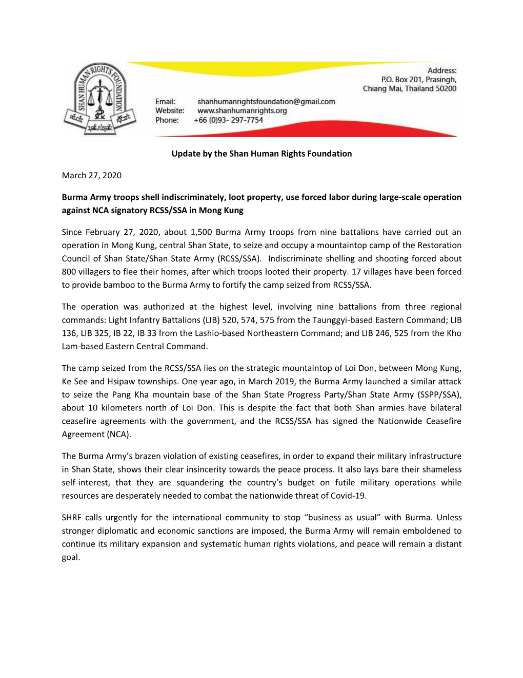 Update by the Shan Human Rights Foundation March 27, 2020 Burma