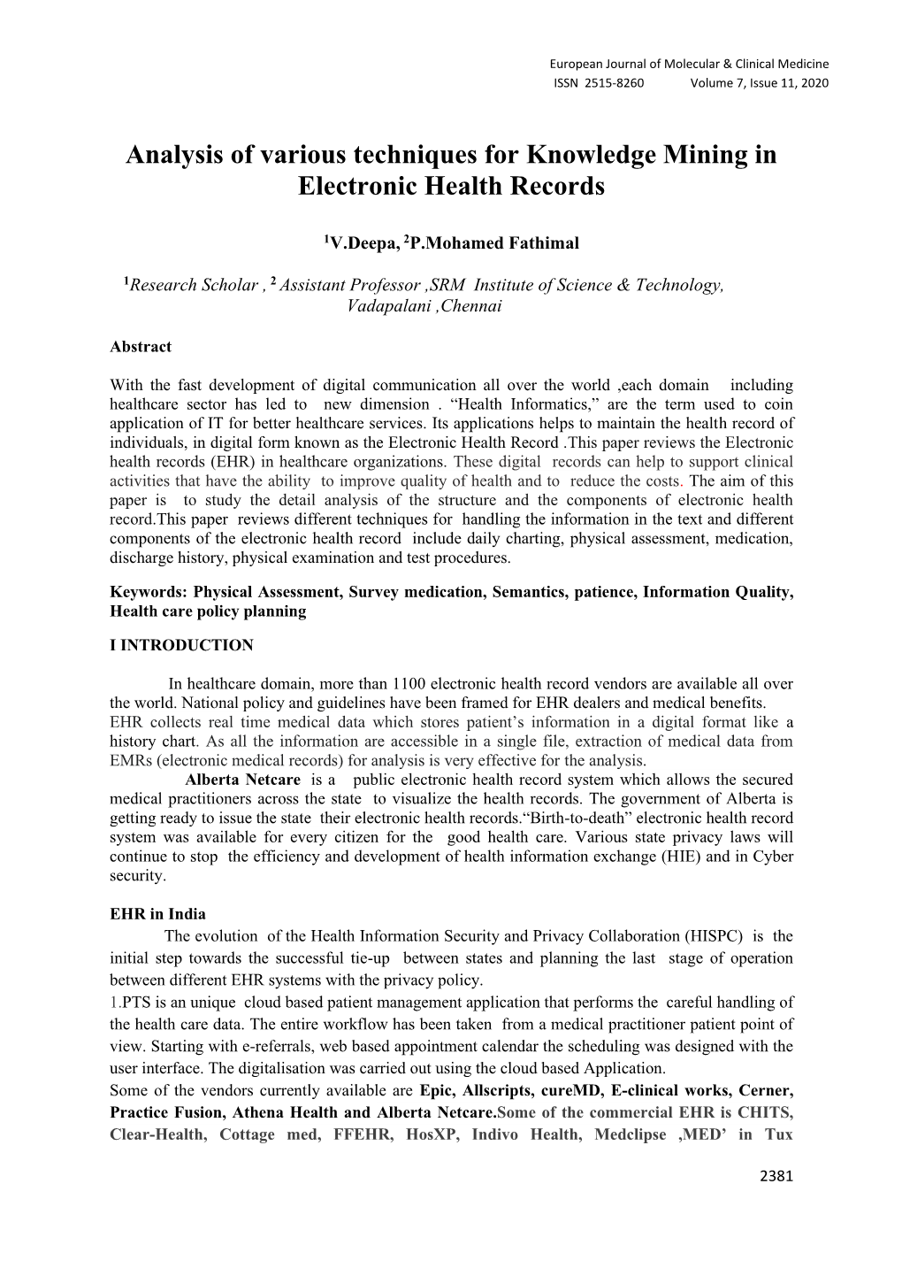 Analysis of Various Techniques for Knowledge Mining in Electronic Health Records