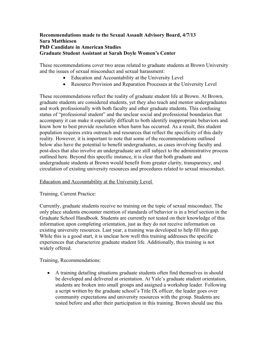 Recommendations Made to the Sexual Assault Advisory Board, 4/7/13