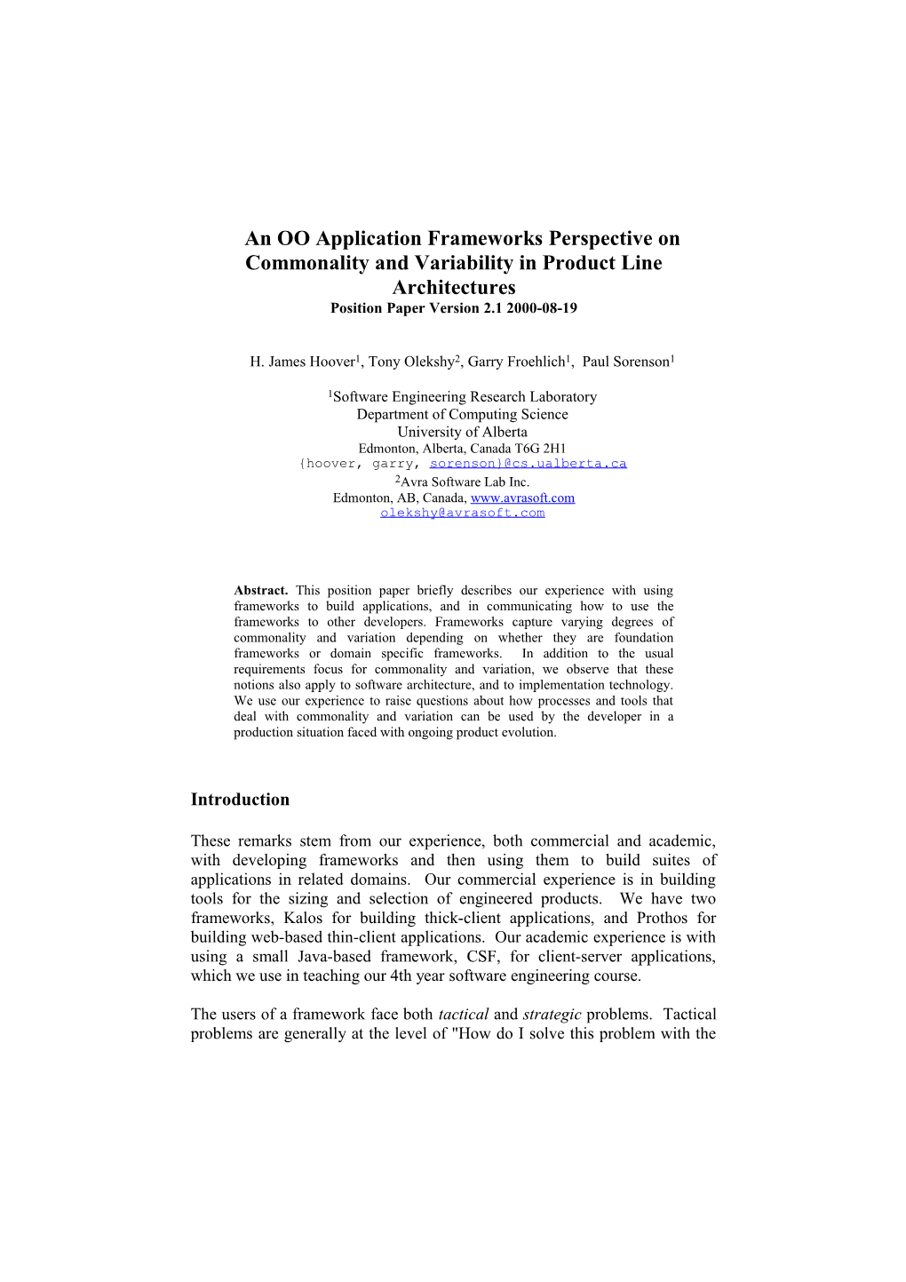 An OO Application Frameworks Perspective On