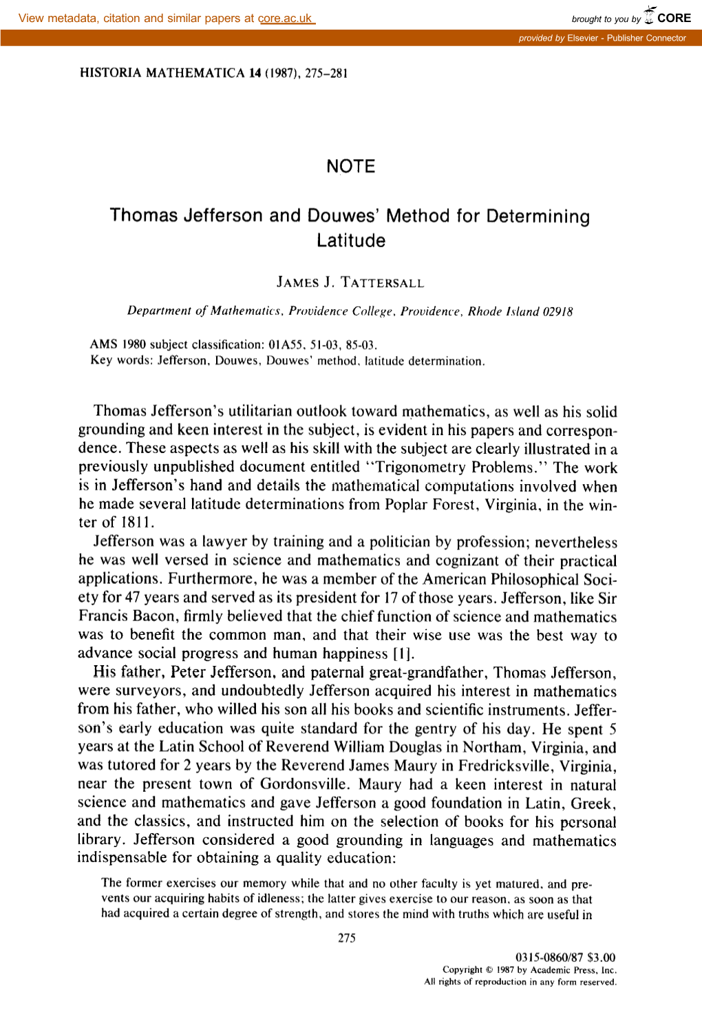 NOTE Thomas Jefferson and Douwes' Method for Determining