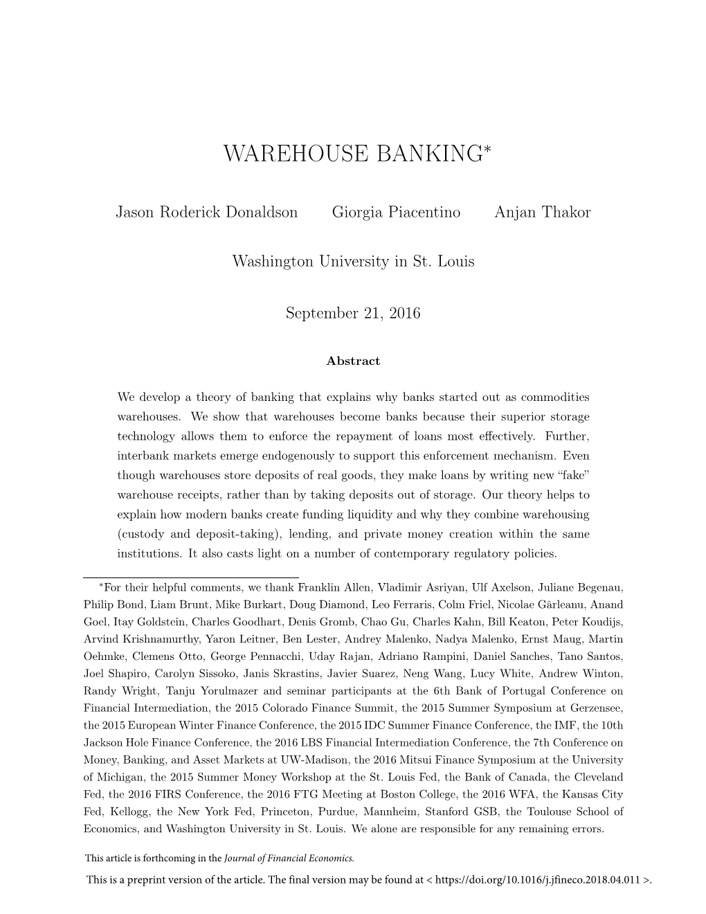 Warehouse Banking∗