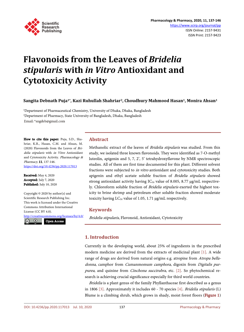 Flavonoids from the Leaves of Bridelia Stipularis with in Vitro Antioxidant and Cytotoxicity Activity