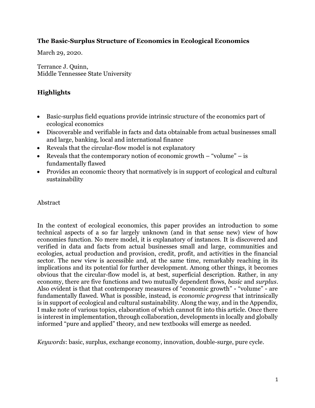 The Basic-Surplus Structure of Economics in Ecological Economics March 29, 2020