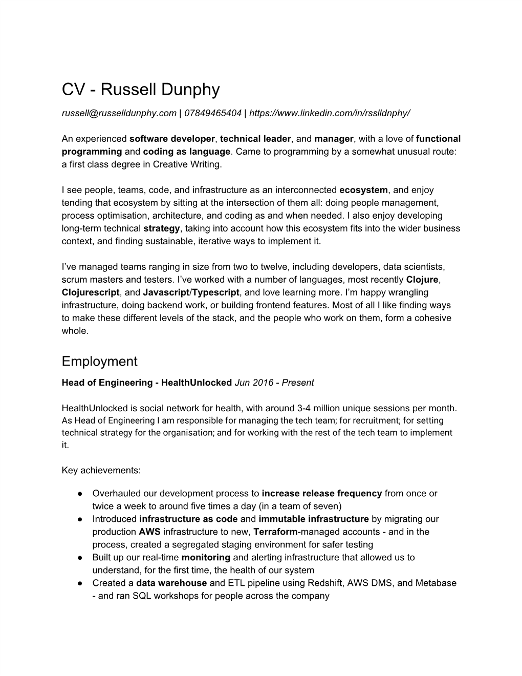 CV - Russell Dunphy Russell@Russelldunphy.Com | 07849465404 |