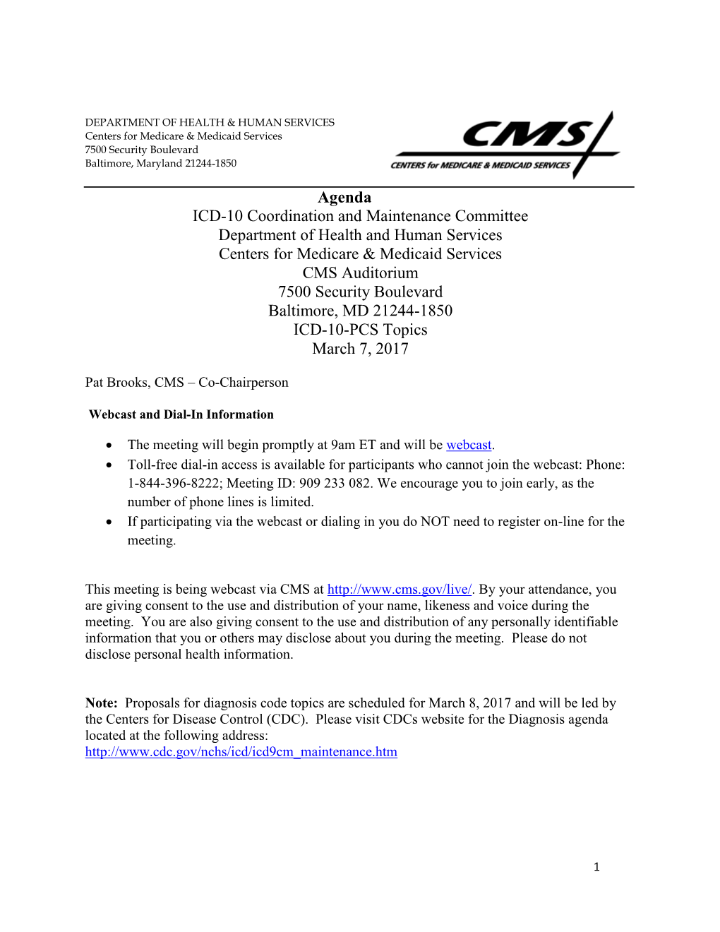 ICD-10 Coordination and Maintenance Committee Agenda