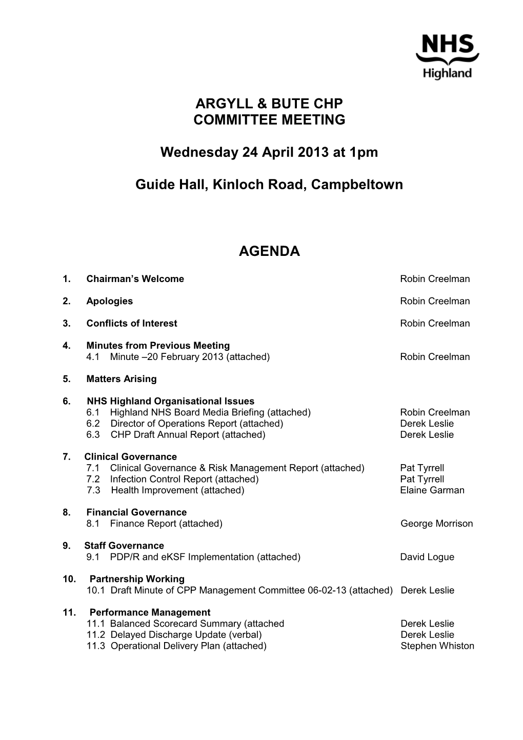 ARGYLL & BUTE CHP COMMITTEE MEETING Wednesday 24 April