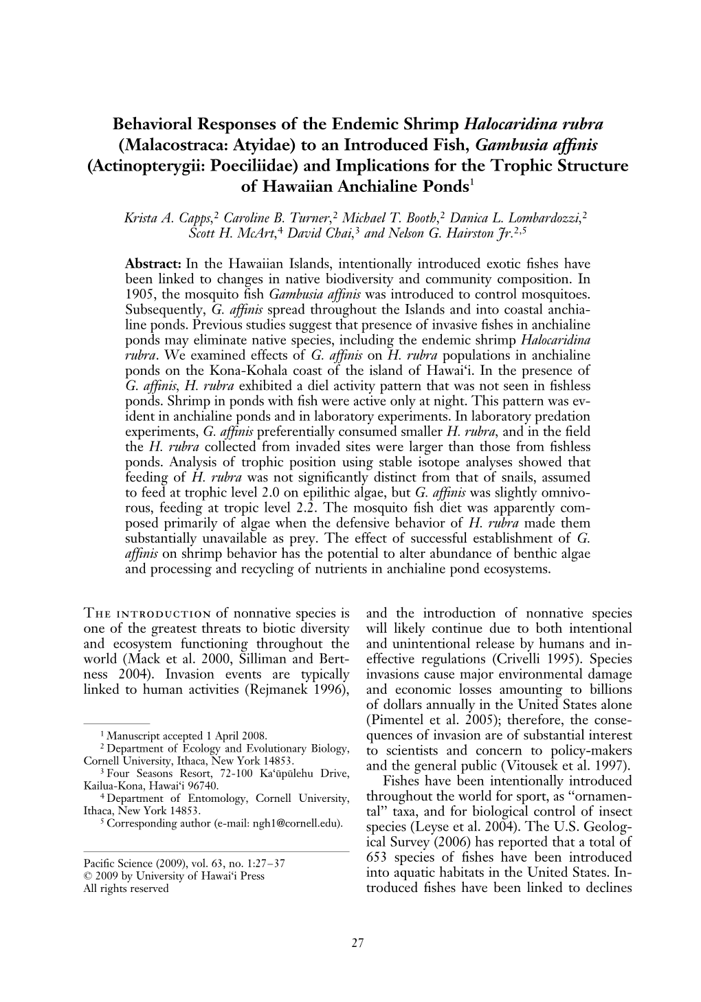 Behavioral Responses of the Endemic Shrimp Halocaridina Rubra