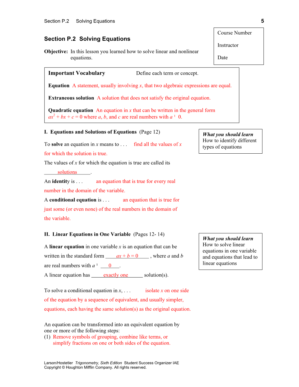 Section P.2 Solving Equations Important Vocabulary