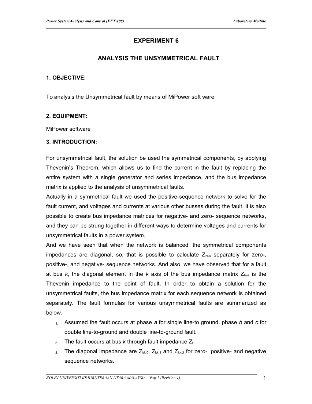 Power Systemanalysis and Control (EET 408) Laboratory Module s1