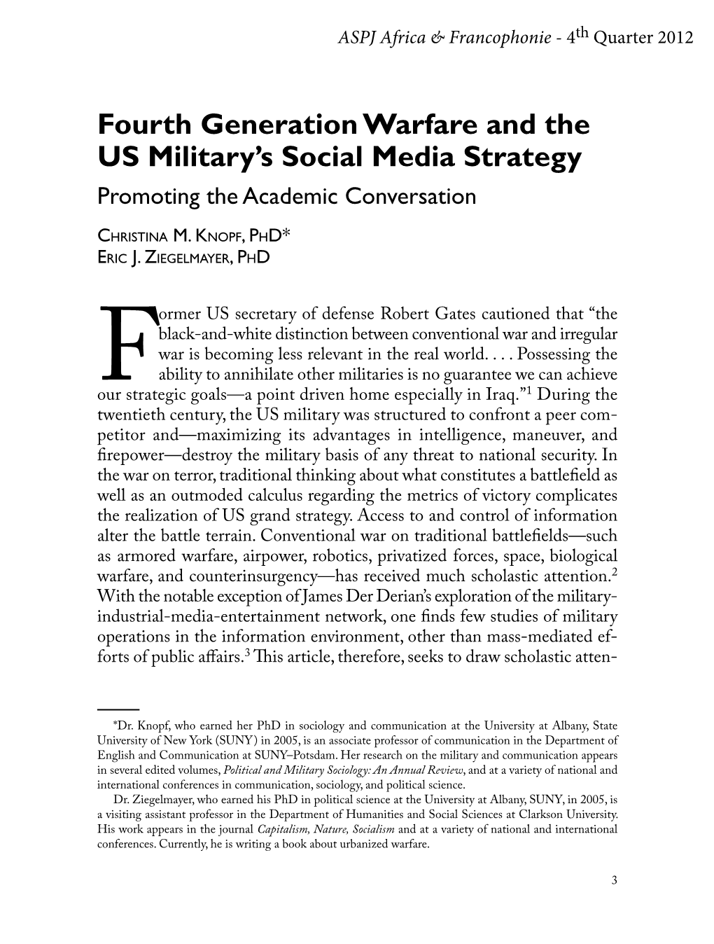 Fourth Generation Warfare and the US Military's Social Media Strategy