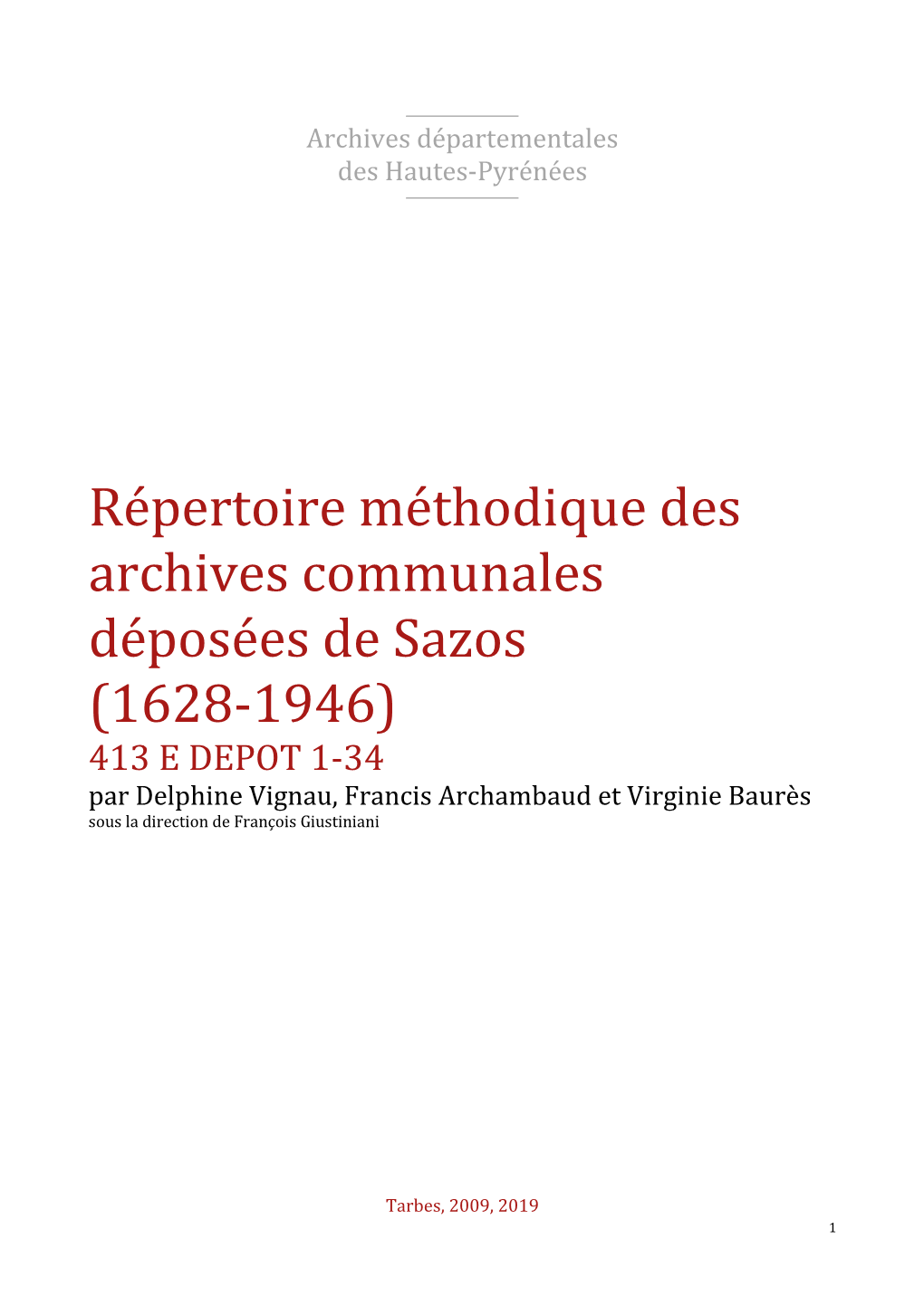 Répertoire Méthodique Des Archives Communales Déposées De Sazos