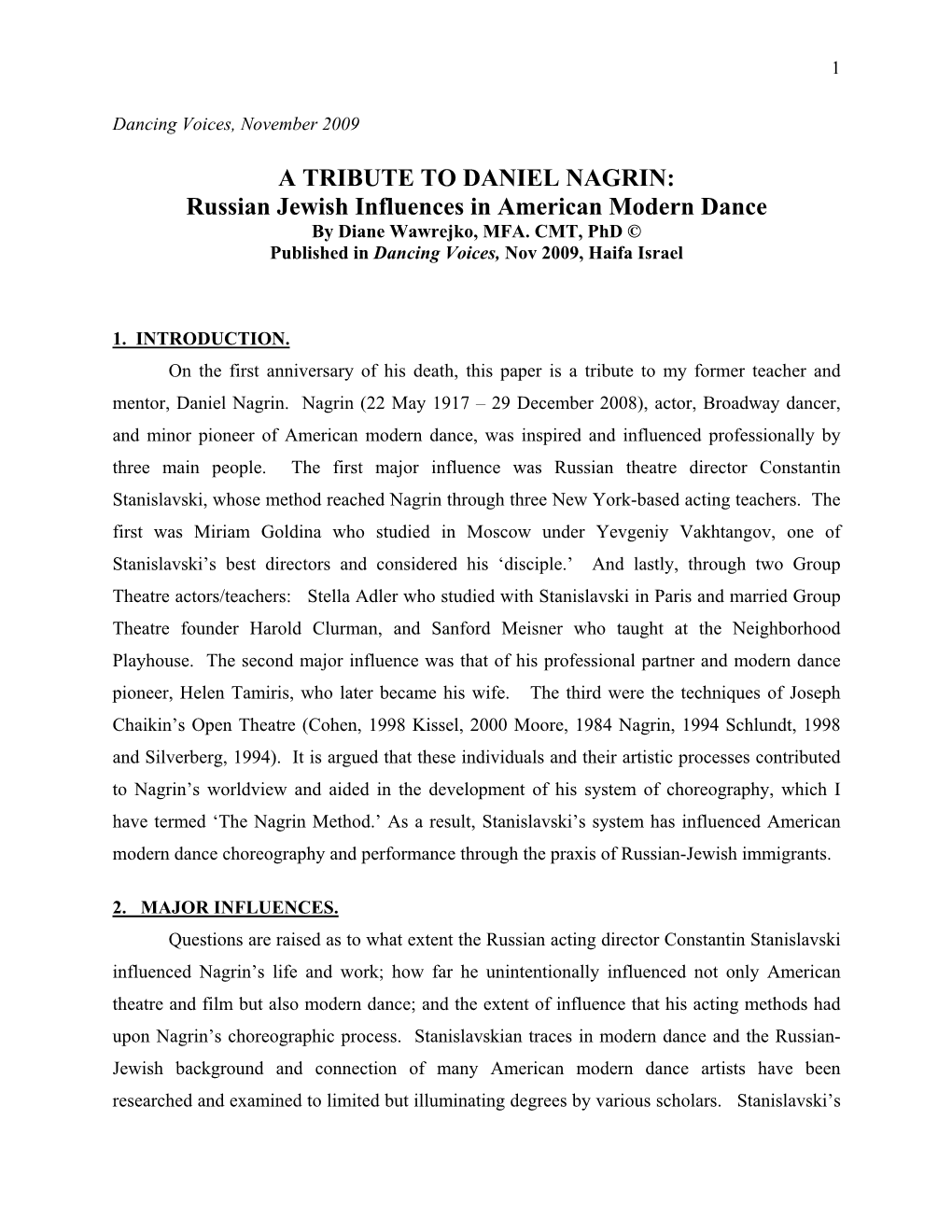A TRIBUTE to DANIEL NAGRIN: Russian Jewish Influences in American Modern Dance by Diane Wawrejko, MFA