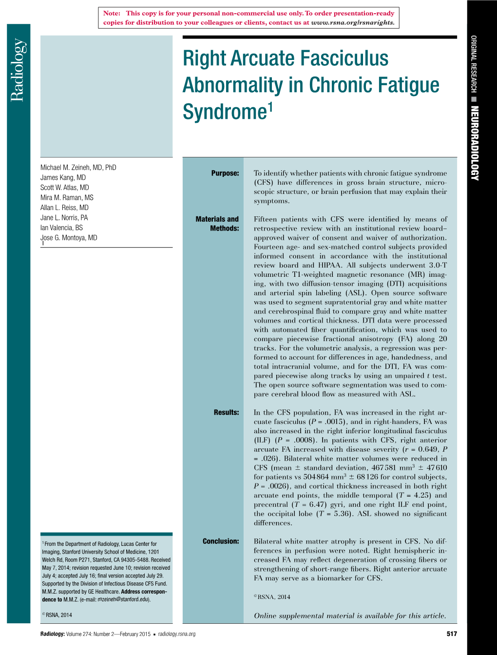 Right Arcuate Fasciculus Abnormality in Chronic Fatigue Syndrome1