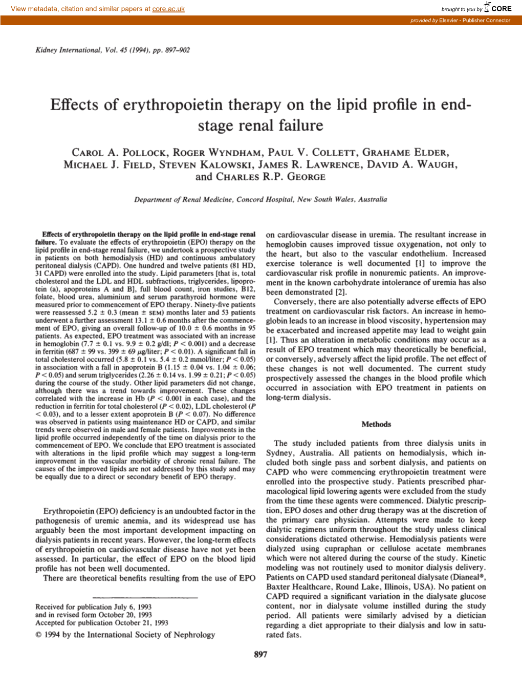 Effects of Erythropoietin Therapy on the Lipid Profile in End-Stage Renal Failure