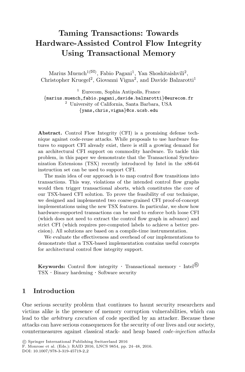 Taming Transactions: Towards Hardware-Assisted Control Flow Integrity Using Transactional Memory