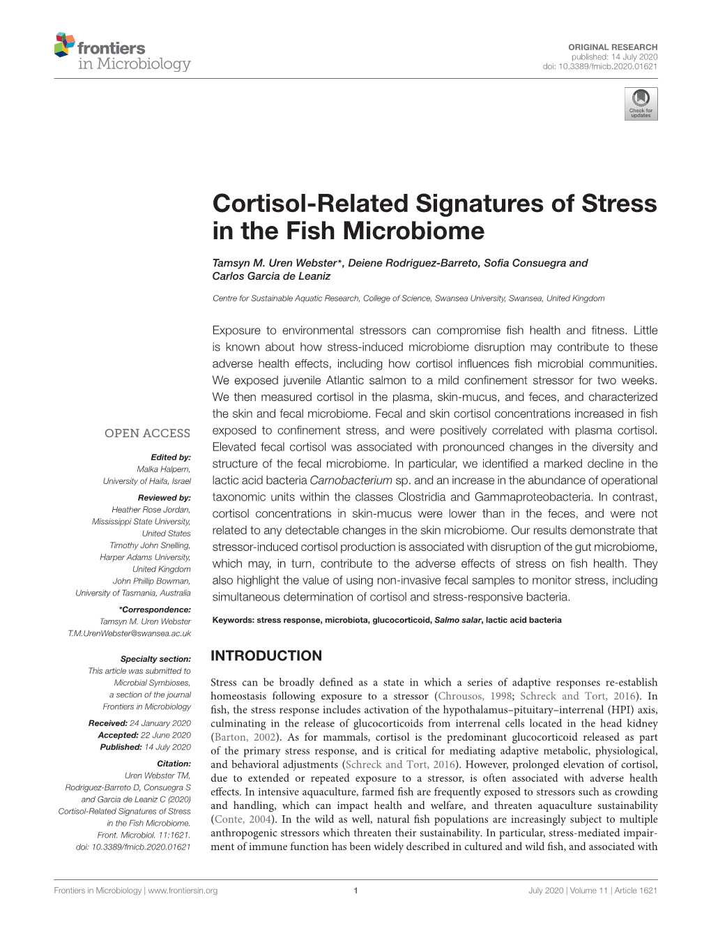 Cortisol-Related Signatures of Stress in the Fish Microbiome