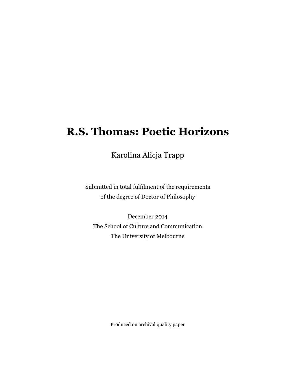 R.S. Thomas: Poetic Horizons